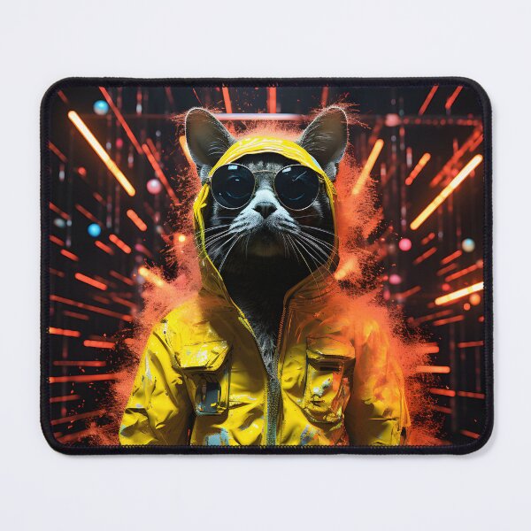 Item preview, Cyberpunk imagery of a streetcat in the style of vibrant stage backdrops designed and sold by AI-Only Creations.