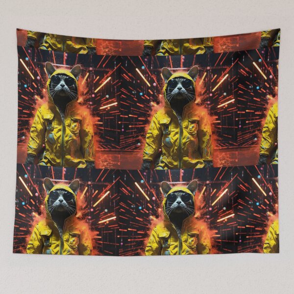 Item preview, Cyberpunk imagery of a streetcat in the style of vibrant stage backdrops designed and sold by AI-Only Creations.