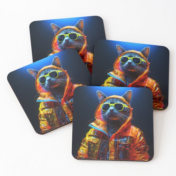 Item preview, Trendy streetcat in neon with sunglasses and a jacket in the style of spacepunk designed and sold by AI-Only Creations.