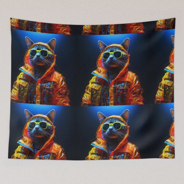 Item preview, Trendy streetcat in neon with sunglasses and a jacket in the style of spacepunk designed and sold by AI-Only Creations.