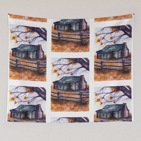 Item preview, Little cabin with Autumn leaves watercolour painting designed and sold by Funsize-Art.