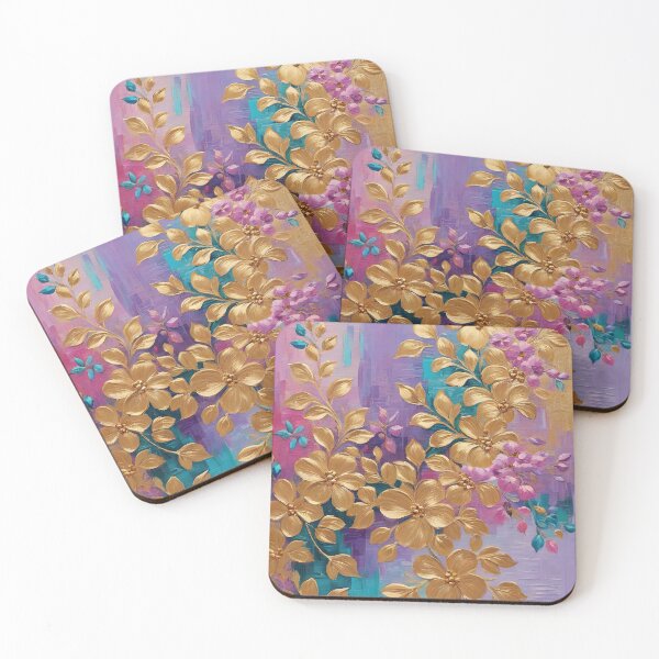Item preview, Golden Flowers Painted On Pink Lilac Turquoise designed and sold by Cato99.
