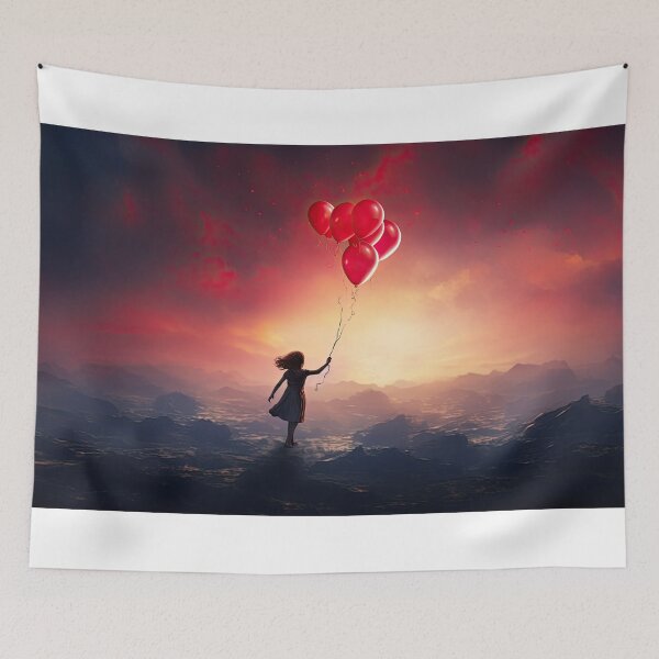 Item preview, a balloon escaping a child's grip and floating away unburdened symbolizing letting go, freedom in release designed and sold by Surreal-Inc.