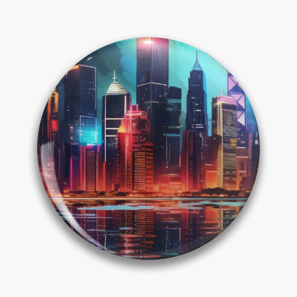 Item preview, a city skyline illuminated in vibrant neon colors against a dark backdrop designed and sold by Surreal-Inc.