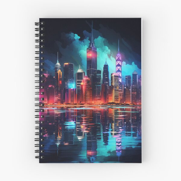 Item preview, a city skyline illuminated in vibrant neon colors against a dark backdrop designed and sold by Surreal-Inc.