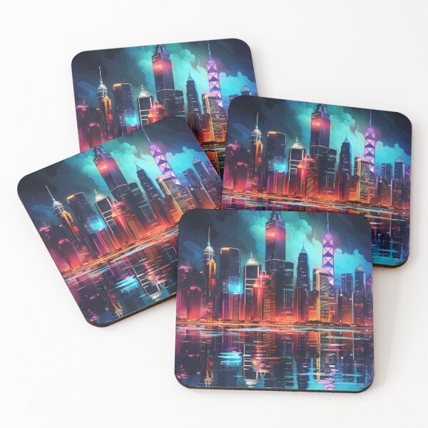 Item preview, a city skyline illuminated in vibrant neon colors against a dark backdrop designed and sold by Surreal-Inc.