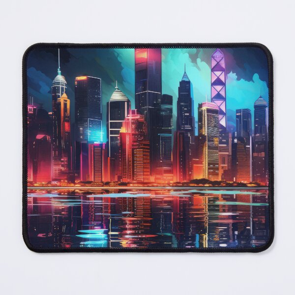 Item preview, a city skyline illuminated in vibrant neon colors against a dark backdrop designed and sold by Surreal-Inc.