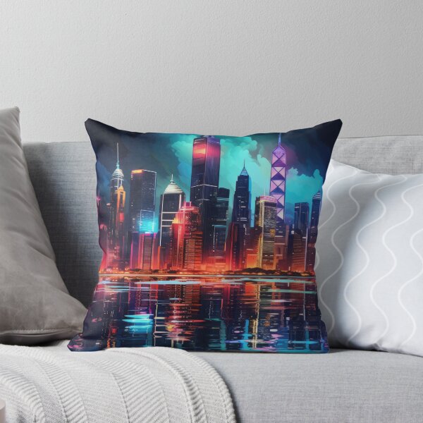 Item preview, a city skyline illuminated in vibrant neon colors against a dark backdrop designed and sold by Surreal-Inc.