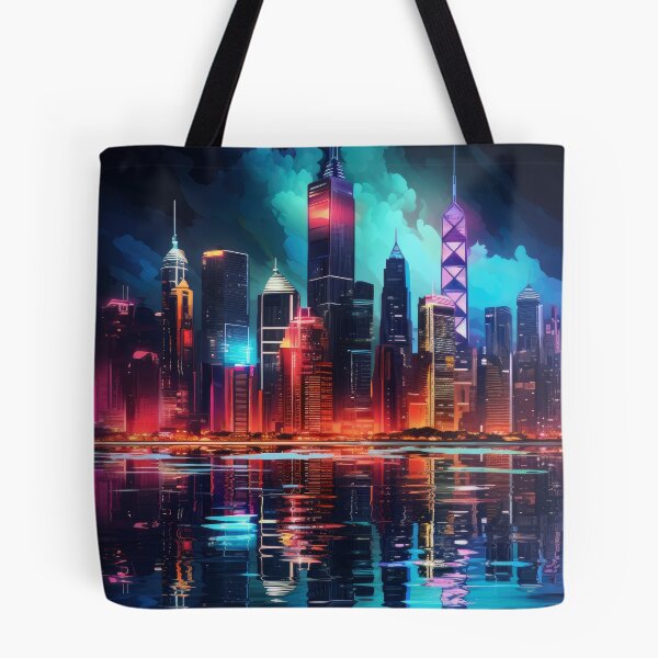 Item preview, a city skyline illuminated in vibrant neon colors against a dark backdrop designed and sold by Surreal-Inc.