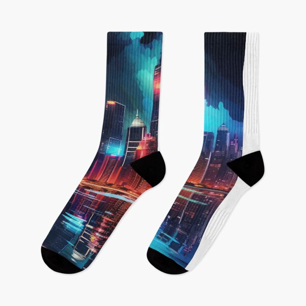 Item preview, a city skyline illuminated in vibrant neon colors against a dark backdrop designed and sold by Surreal-Inc.