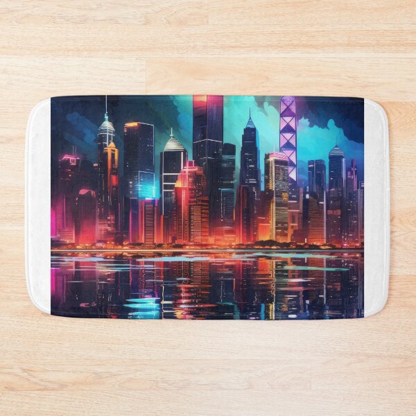 Item preview, a city skyline illuminated in vibrant neon colors against a dark backdrop designed and sold by Surreal-Inc.