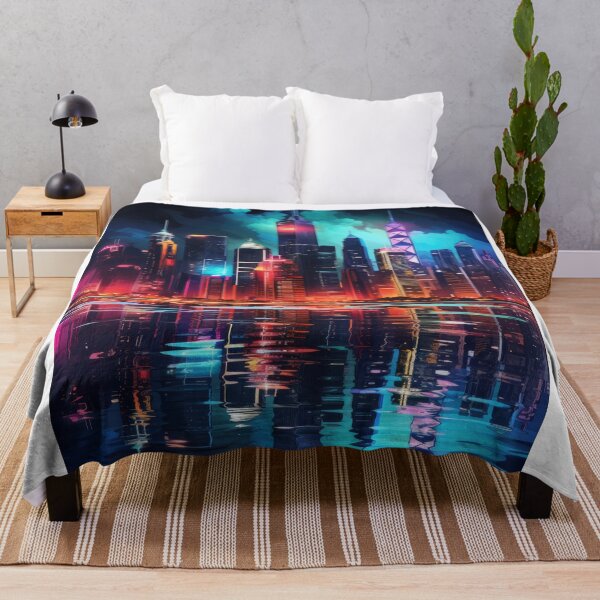 Item preview, a city skyline illuminated in vibrant neon colors against a dark backdrop designed and sold by Surreal-Inc.