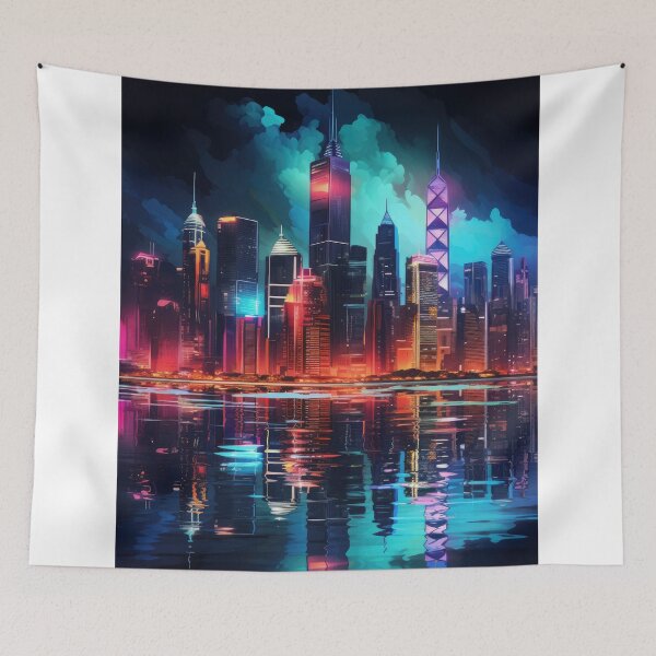 Item preview, a city skyline illuminated in vibrant neon colors against a dark backdrop designed and sold by Surreal-Inc.