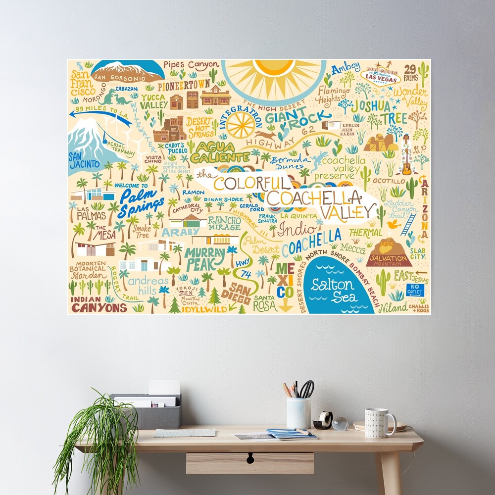 Coachella Valley Illustrated Map - Palm Springs, Joshua Tree Poster