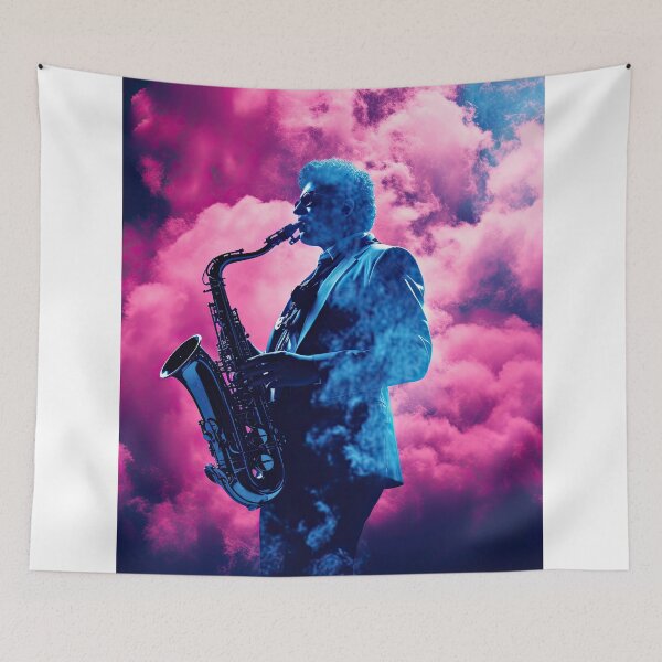 Item preview, a lone astronaut playing a melancholic melody on a saxophone amidst a cosmic backdrop designed and sold by Surreal-Inc.