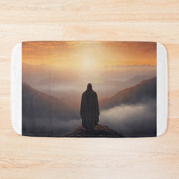 Item preview, a lone figure standing atop a mountain gazing at the sunrise hope emerging from darkness designed and sold by Surreal-Inc.
