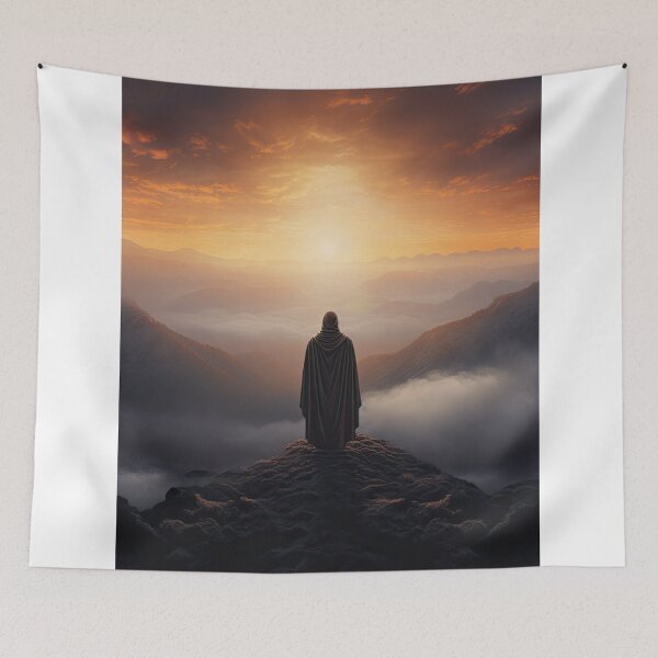 Item preview, a lone figure standing atop a mountain gazing at the sunrise hope emerging from darkness designed and sold by Surreal-Inc.
