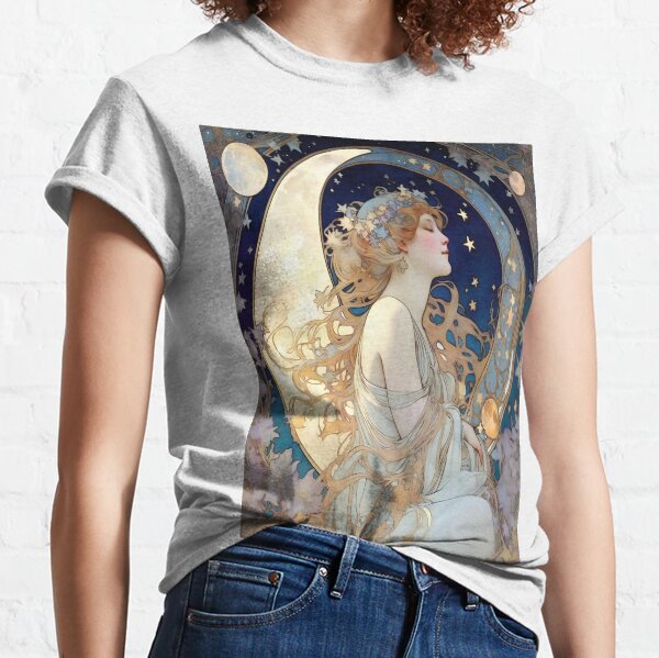 Vista previa del artículo con la obra «Celestial Dreams Alphonse Mucha inspiró la luna y las estrellas», diseñado y vendido por Tamas Das.