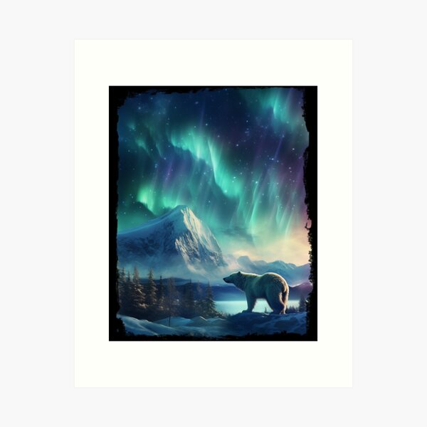 Aperçu de l'œuvre Ours Polaire Lumière Boréale Aurore Boréale Paysage Montagnes Rivières Arbres créée et vendue par NLTees.