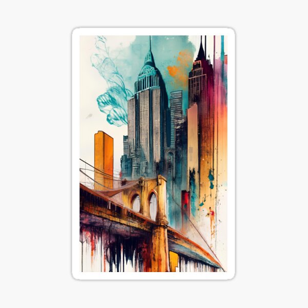 New York City Skyline | Colorful watercolor ink art print NYC Color Splash  | Poster