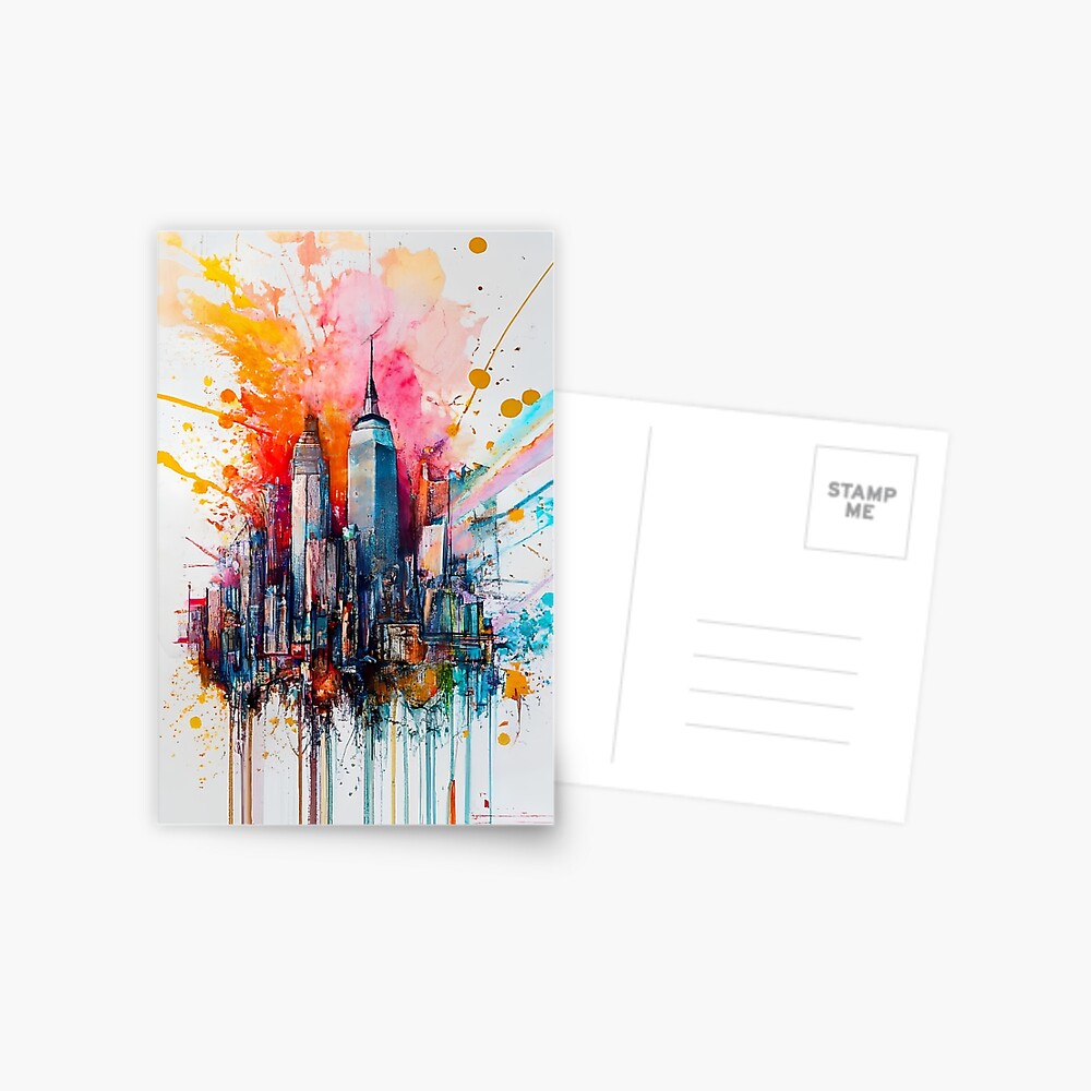 New York City Skyline | Colorful watercolor ink art print NYC Color Splash  | Poster