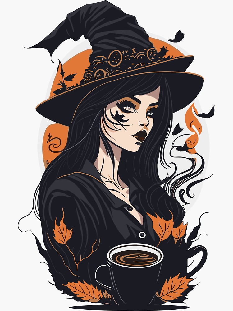 Thumbnail 3 of 3, Sticker, Halloween Coffee lover Witch designed and sold by LuvleighArt.