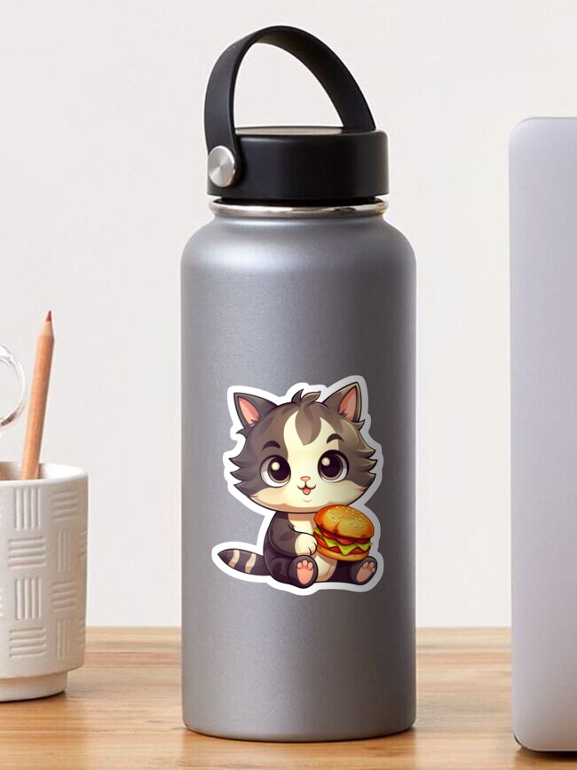 Thumbnail 1 of 3, Sticker, Cute Kitten Eating Burger Illustration 2 designed and sold by eyestetix.