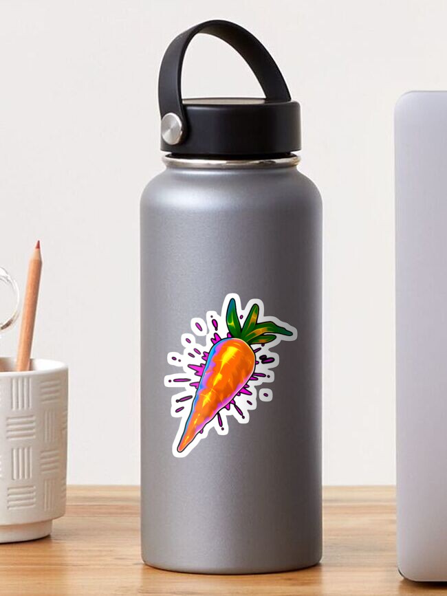 Thumbnail 1 of 3, Sticker, Vivid and Vibrant Carrot with pink explosion and black outline laptop sticker design by Zeesdesign on Redbubble designed and sold by ZEESDESIGN.