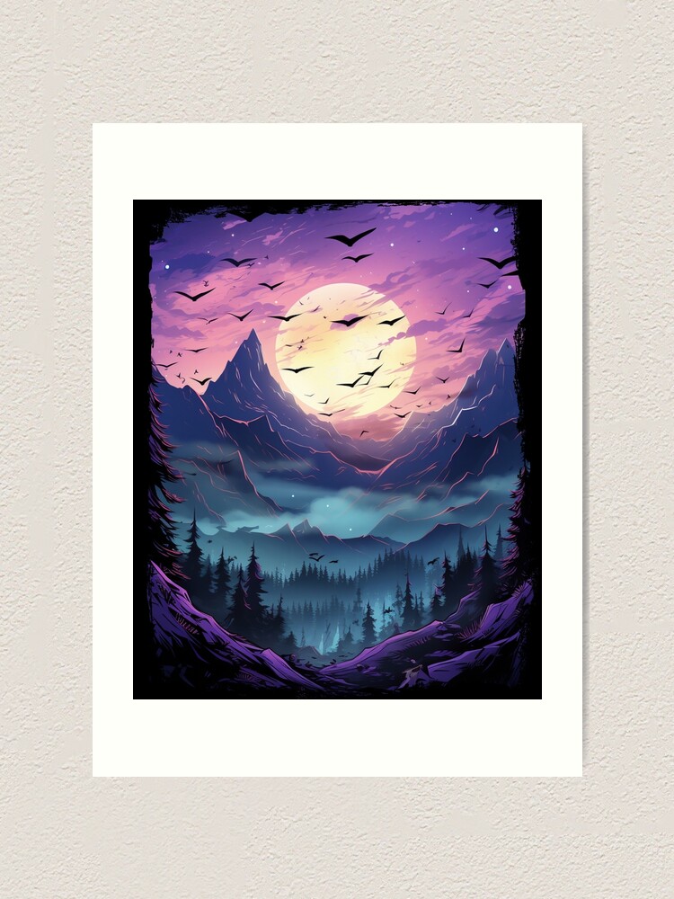 Mountains Aurora Borealis moon canvas wall art. Picture Prints