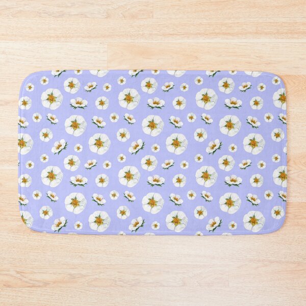 Strawberry fragaria flowers pattern on blue background Bath Mat