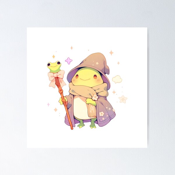 Item preview, Cute Kawaii Frog Wizard with Froggy Staff Pastel and Purple designed and sold by CozyKawaiiArt.