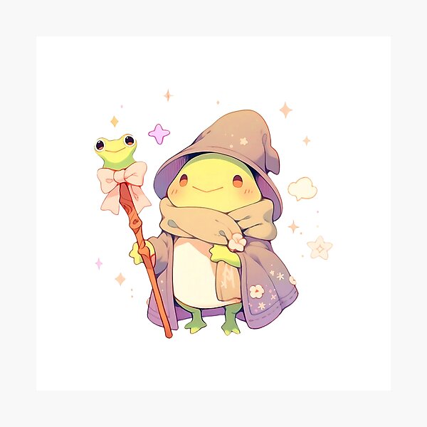 Item preview, Cute Kawaii Frog Wizard with Froggy Staff Pastel and Purple designed and sold by CozyKawaiiArt.