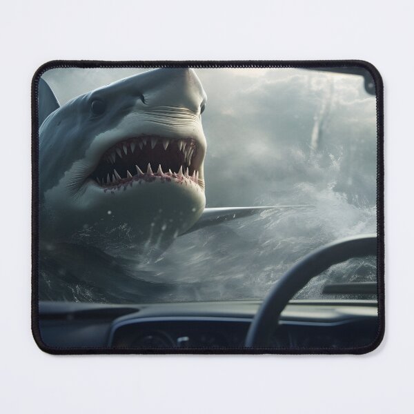 Item preview, A drivers view overlooking a shark in the ocean in the style of hyper-realistic scary sci-fi designed and sold by AI-Only Creations.