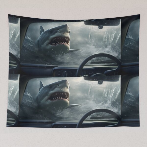 Item preview, A drivers view overlooking a shark in the ocean in the style of hyper-realistic scary sci-fi designed and sold by AI-Only Creations.