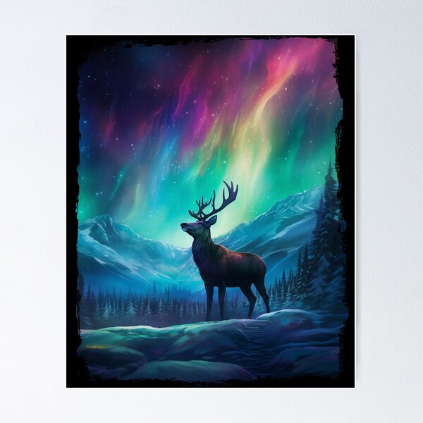 Original painting on wood - acrylic painting, northern lights, aurora borealis, pine tree, snow, deer, animals, hot elk, nature lover