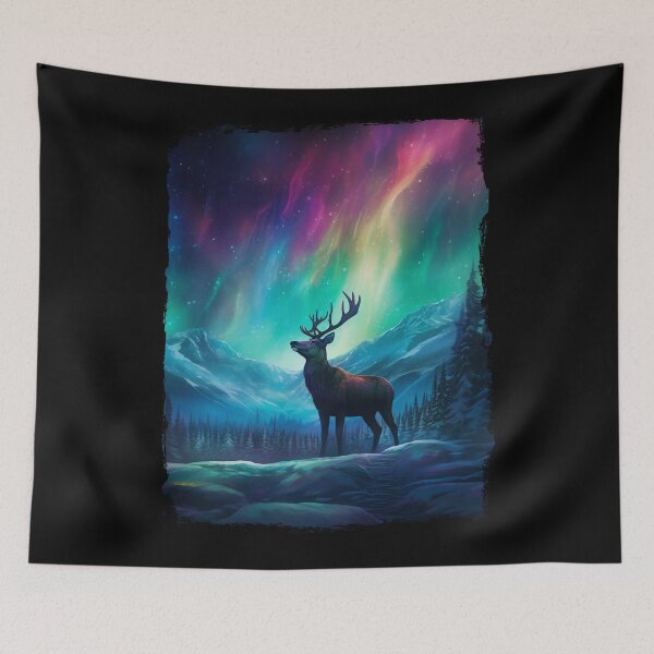 Artikelvorschau, Hirsch Nordlicht Aurora Borealis Landschaft Berge Flüsse Bäume entworfen und verkauft von NLTees.