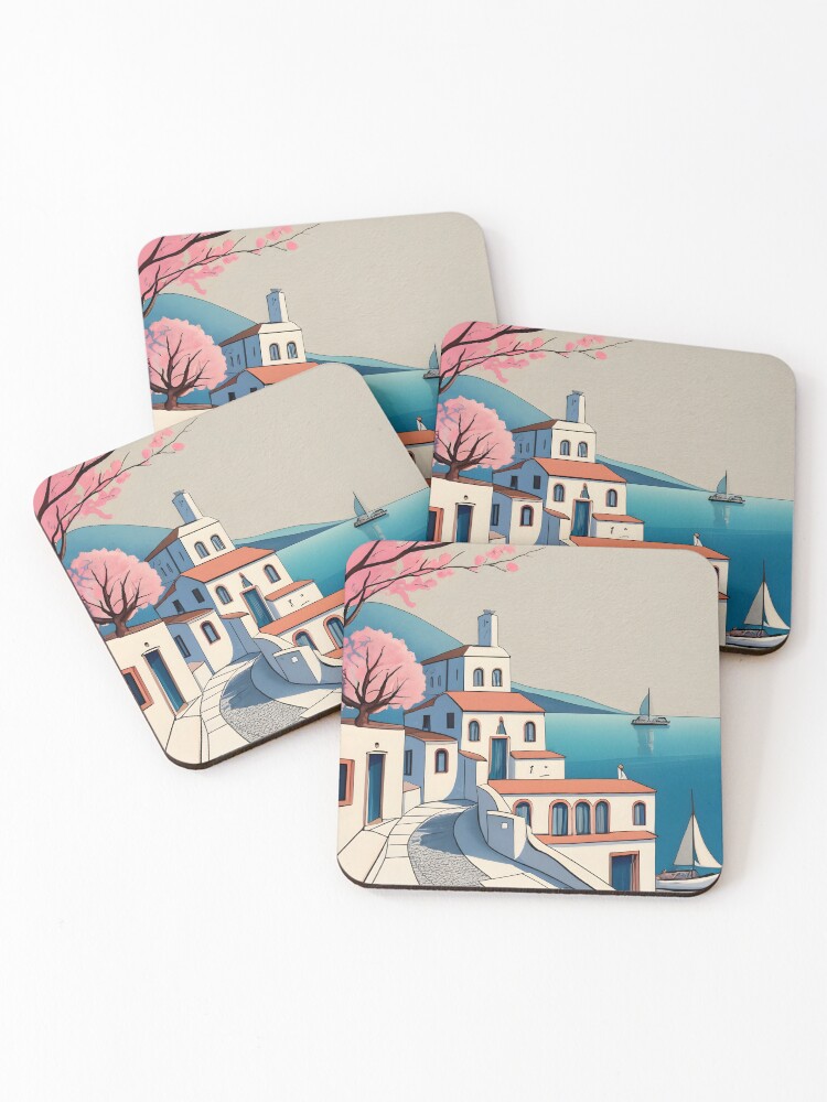 Thumbnail 1 of 5, Coasters (Set of 4), Old Traditional Greece Cycladic home Drawing designed and sold by Patricks-Art.