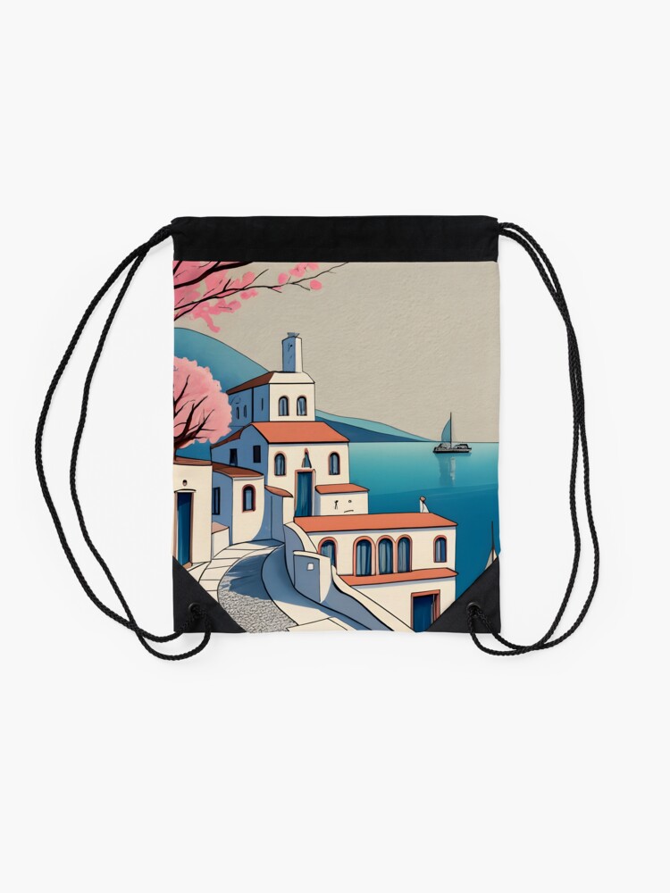 Thumbnail 2 of 3, Drawstring Bag, Old Traditional Greece Cycladic home Drawing designed and sold by Patricks-Art.