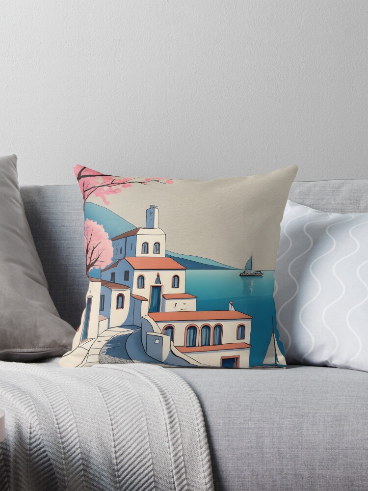 Thumbnail 1 of 4, Pillow, Old Traditional Greece Cycladic home Drawing designed and sold by Patricks-Art.