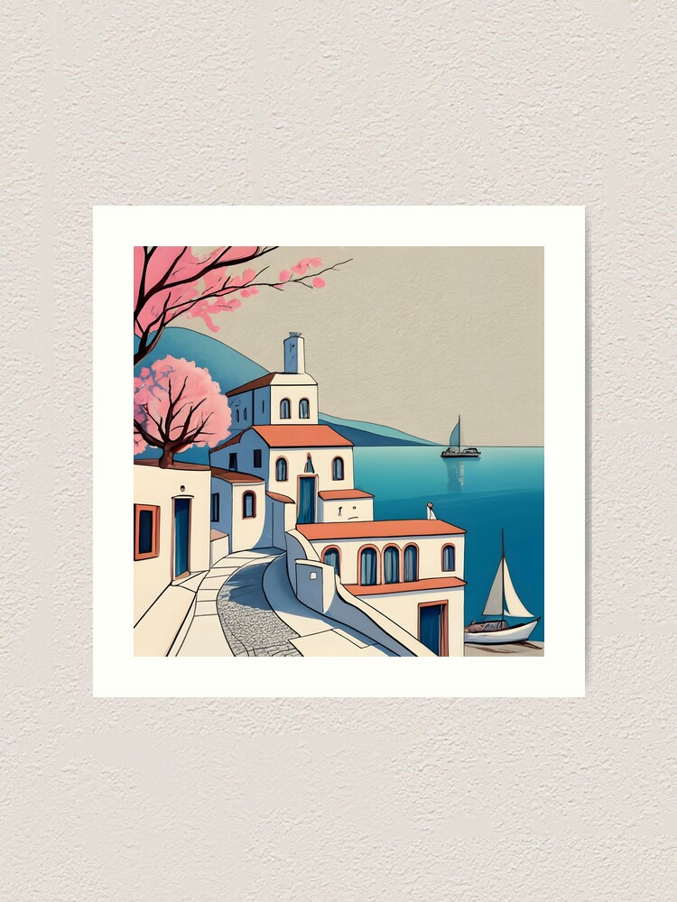 Thumbnail 2 of 3, Art Print, Old Traditional Greece Cycladic home Drawing designed and sold by Patricks-Art.