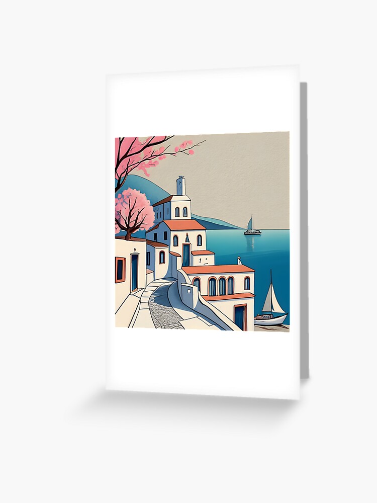 Thumbnail 1 of 2, Greeting Card, Old Traditional Greece Cycladic home Drawing designed and sold by Patricks-Art.