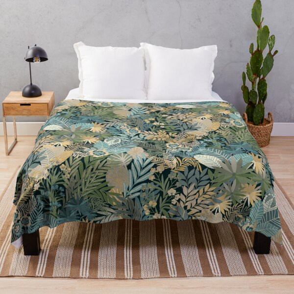 Item preview,  Joyous Jungle-Trendy toned leaves and flowers in Beachy Colors on Dark Teal blue designed and sold by Annette Chabidon Studio.