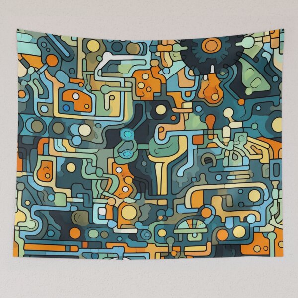 Item preview, Colorful fantasy pattern orange blue white green turquoise yellow black ornaments circuit diagram designed and sold by G-M-Designs.