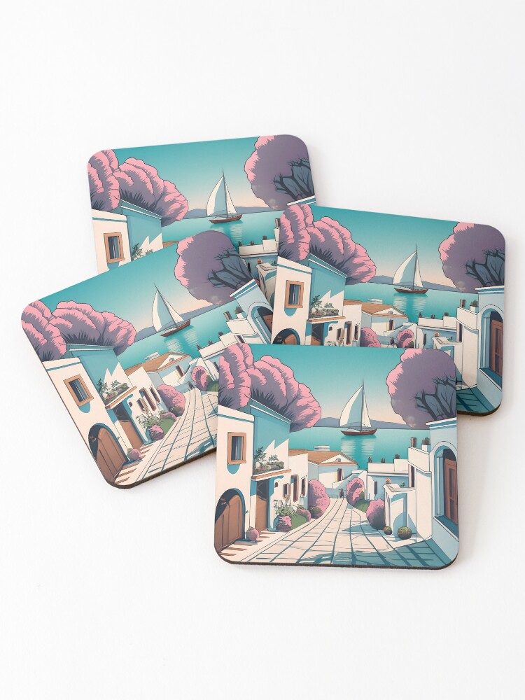 Thumbnail 1 of 5, Coasters (Set of 4), Old Traditional Greece Cycladic homes designed and sold by Patricks-Art.