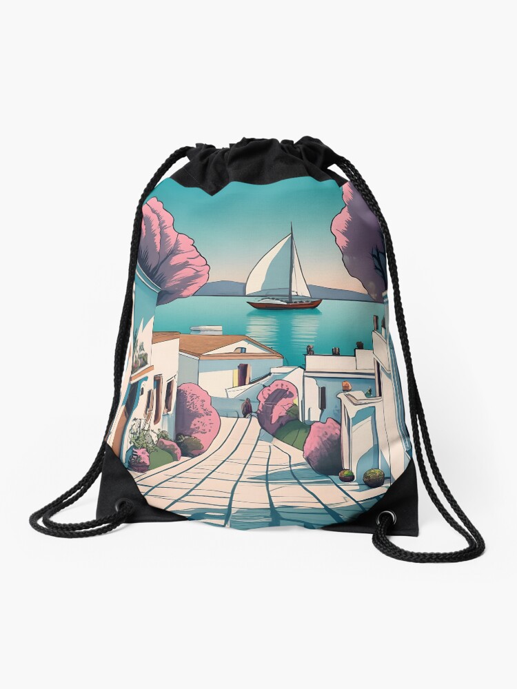 Thumbnail 1 of 3, Drawstring Bag, Old Traditional Greece Cycladic homes designed and sold by Patricks-Art.