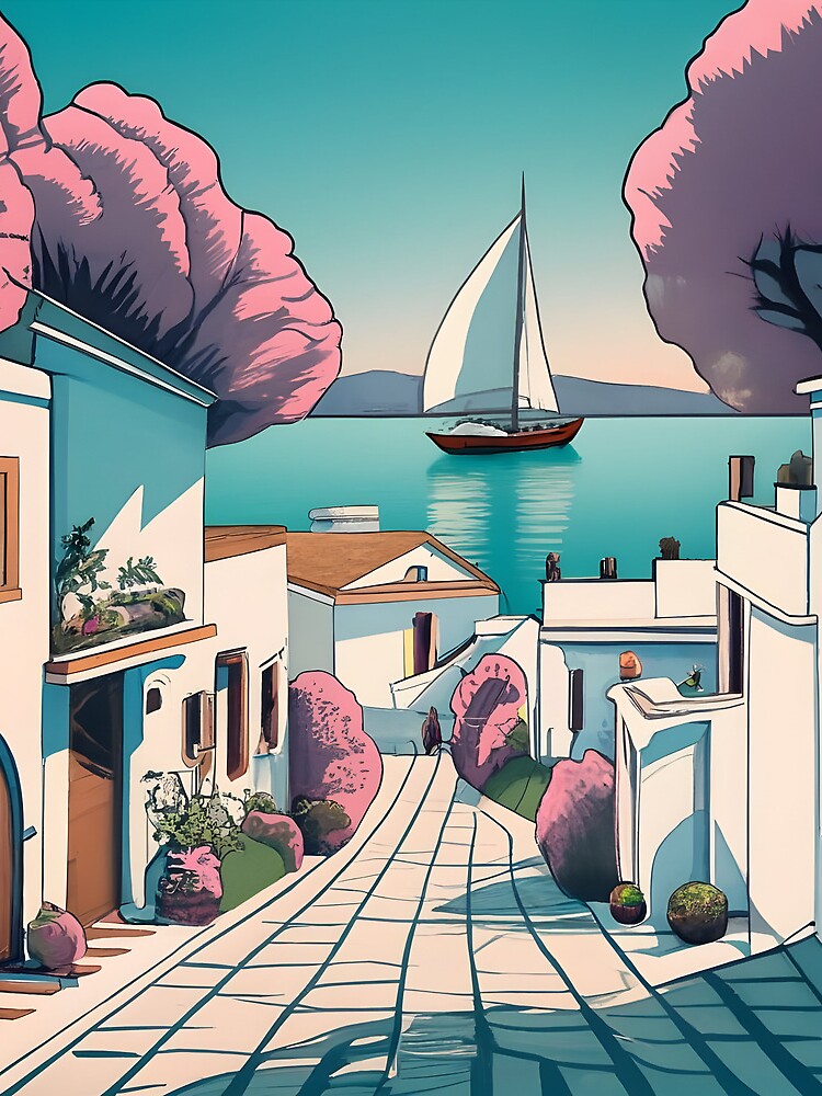 Thumbnail 3 of 3, Drawstring Bag, Old Traditional Greece Cycladic homes designed and sold by Patricks-Art.