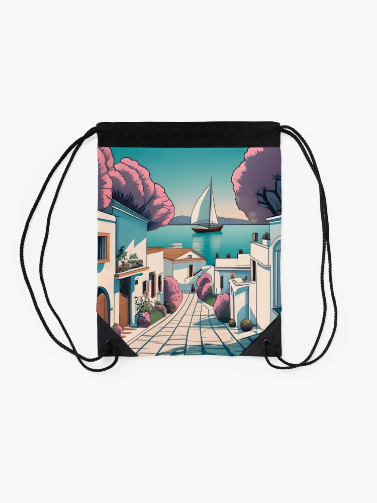 Thumbnail 2 of 3, Drawstring Bag, Old Traditional Greece Cycladic homes designed and sold by Patricks-Art.