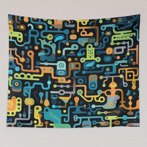 Item preview, Colorful fantasy pattern orange blue white green turquoise yellow black ornaments circuit diagram designed and sold by G-M-Designs.