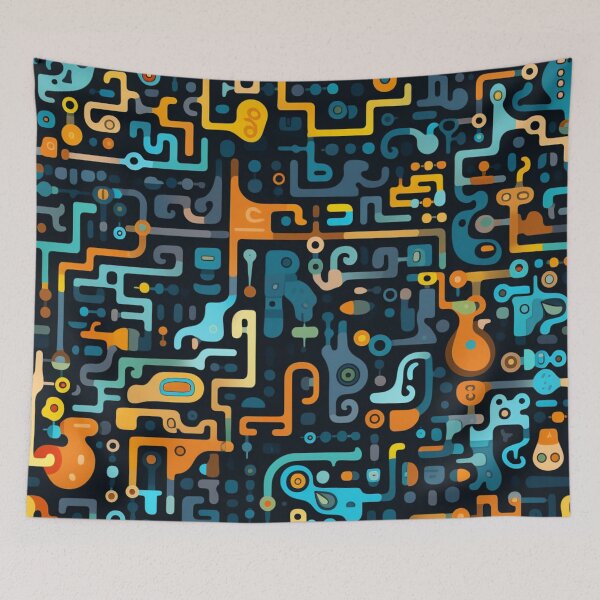 Item preview, Colorful fantasy pattern orange blue white green turquoise yellow black ornaments circuit diagram designed and sold by G-M-Designs.