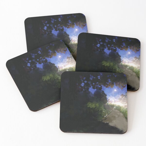 Item preview, Shadowy and dark path along the suburban road - car lights flashing bright - almost blinding - impressionism painting of a nightly walk designed and sold by tshuki.